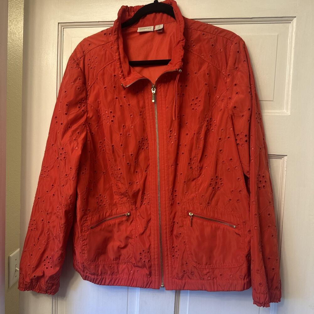 Zenergy by Chico's Women Red Eyelet Embroidered Zip Jacket Floral Size 3